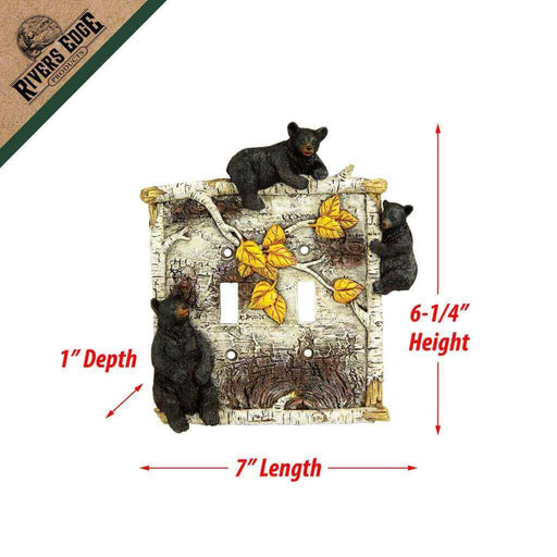 River's Edge Birch Bear Double Switch Plate Cover with black bears and birch branch design, 6-1/4" height, 7" length, 1" depth.