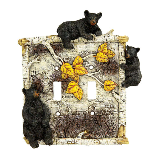 Rivers Edge Birch Bear Double Switch Plate Cover with black bears and birch branches, hand-painted for realistic outdoor-themed decor.