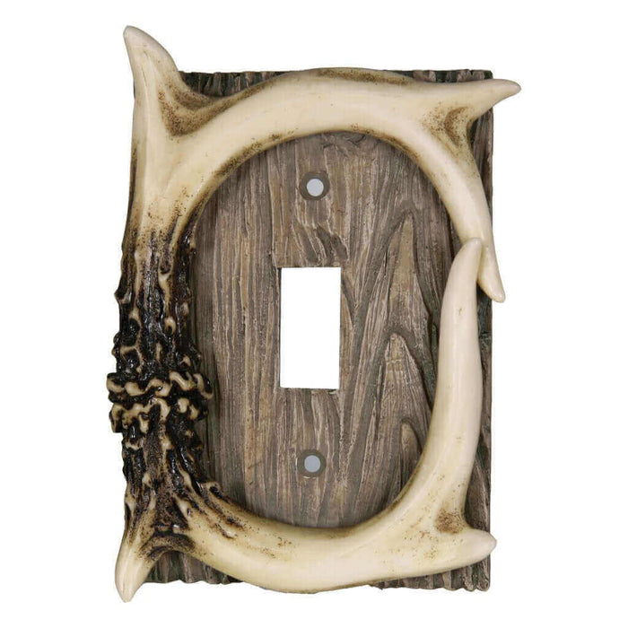 River's Edge antler single switch plate cover with realistic deer antler design and barnwood texture for hunting-themed decor.