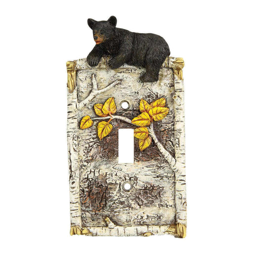 Birch bear switch plate cover with black bear and birch branch design, outdoor-themed decor by River's Edge Products.