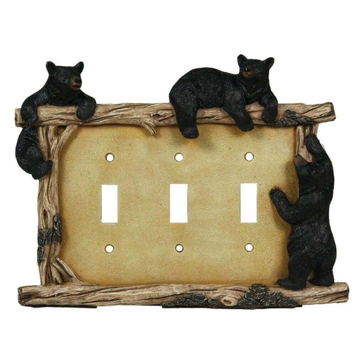 Rivers Edge Bear Triple Switch Plate Cover with hand-painted black bears and wood detail for rustic home decor.