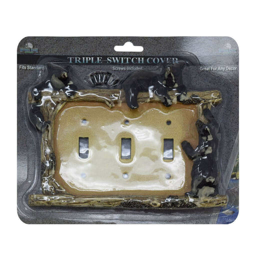 "Rivers Edge Bear Triple Switch Plate Cover with black bear design and wood border, crafted from durable poly resin, in packaging."