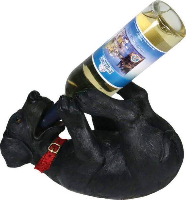 Poly resin dog wine holder with bottle, hand-painted design, fits standard 750ml bottles, perfect for home decor conversation piece.