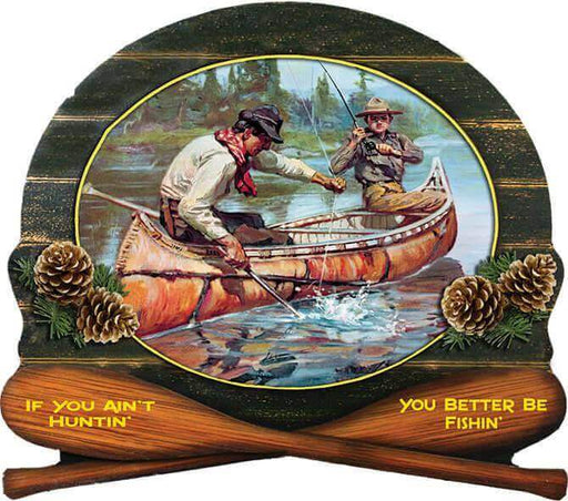 Vintage Winchester wood sign with fishermen in a canoe, featuring 3D details and vibrant colors, perfect for outdoor enthusiasts.