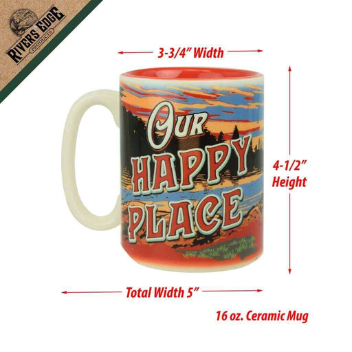 Rivers Edge 16oz Happy Place ceramic mug with camping scene and "Our Happy Place" text, ideal for outdoor enthusiasts.