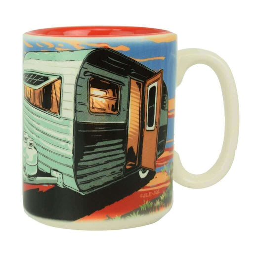 Ceramic mug featuring a colorful camping trailer scene by River's Edge, ideal for outdoor enthusiasts and coffee lovers.