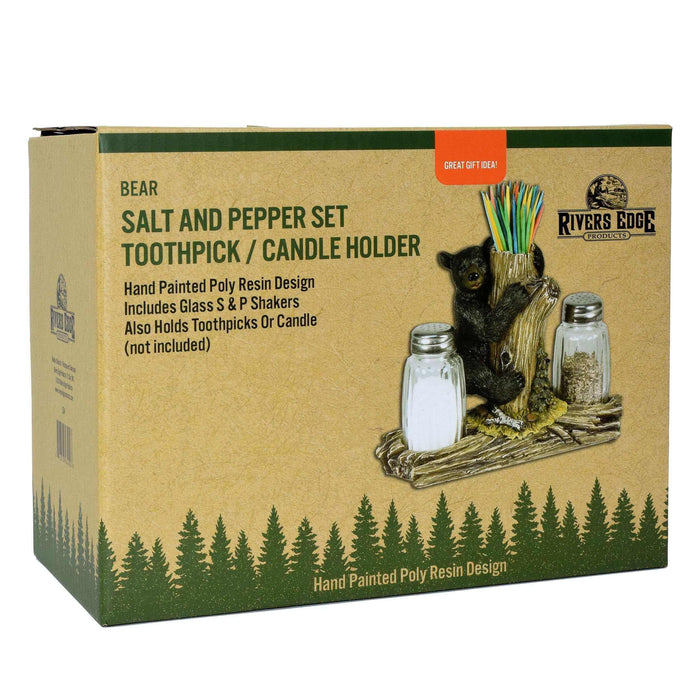 River's Edge bear salt and pepper shakers with toothpick holder in tree trunk design packaging.