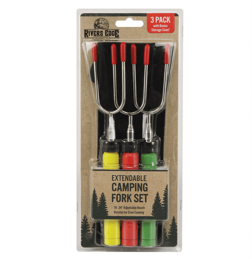 Rivers Edge Rotating Camp Fork 3 Pack with colorful handles, perfect for campfires and BBQs, includes S'mores recipe.