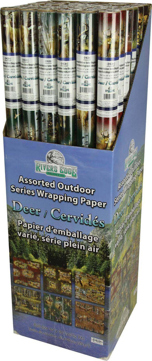 Rivers Edge Gift Wrap Camo with Whitetail Deer patterns in a display box, perfect for Cabin Depot, 36 rolls of 28x80 inches wrapping paper.