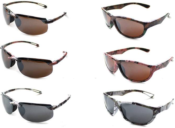 Various styles of Rivers Edge camouflage sunglasses with UV protection, featuring Fall Transition Camouflage in green, pink, and white. Cabin Depot.