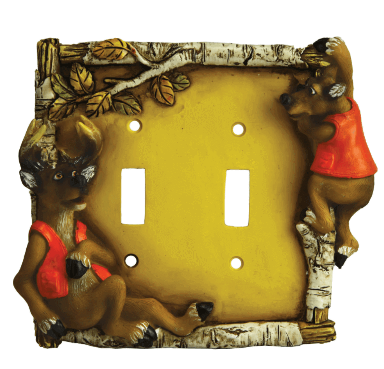 Rivers Edge Cute Deer Double Switch Plate Cover with hunting bears, hand-painted poly resin, Cabin Depot décor.