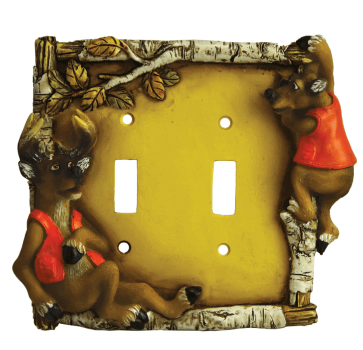 Double switch plate cover with humorous deer in hunting vests, birch branch border, by River's Edge Products.