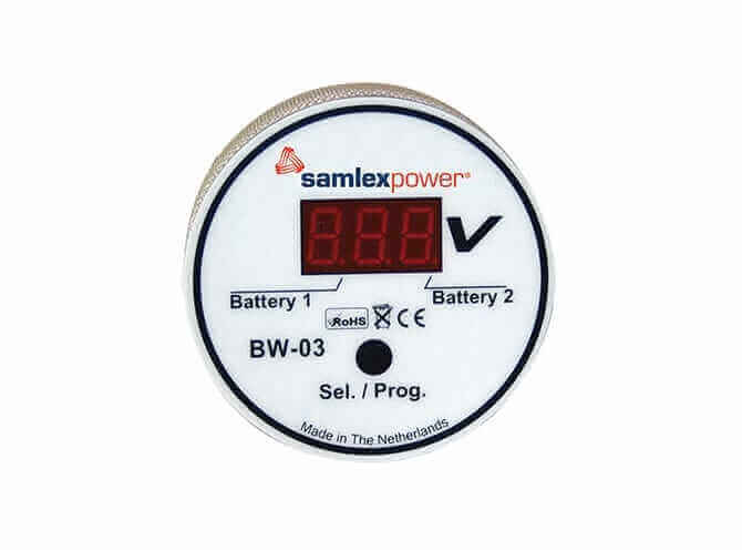 Samlex Battery Monitor BW-03 with digital display, multiple battery monitoring, auto detection; available at Cabin Depot.
