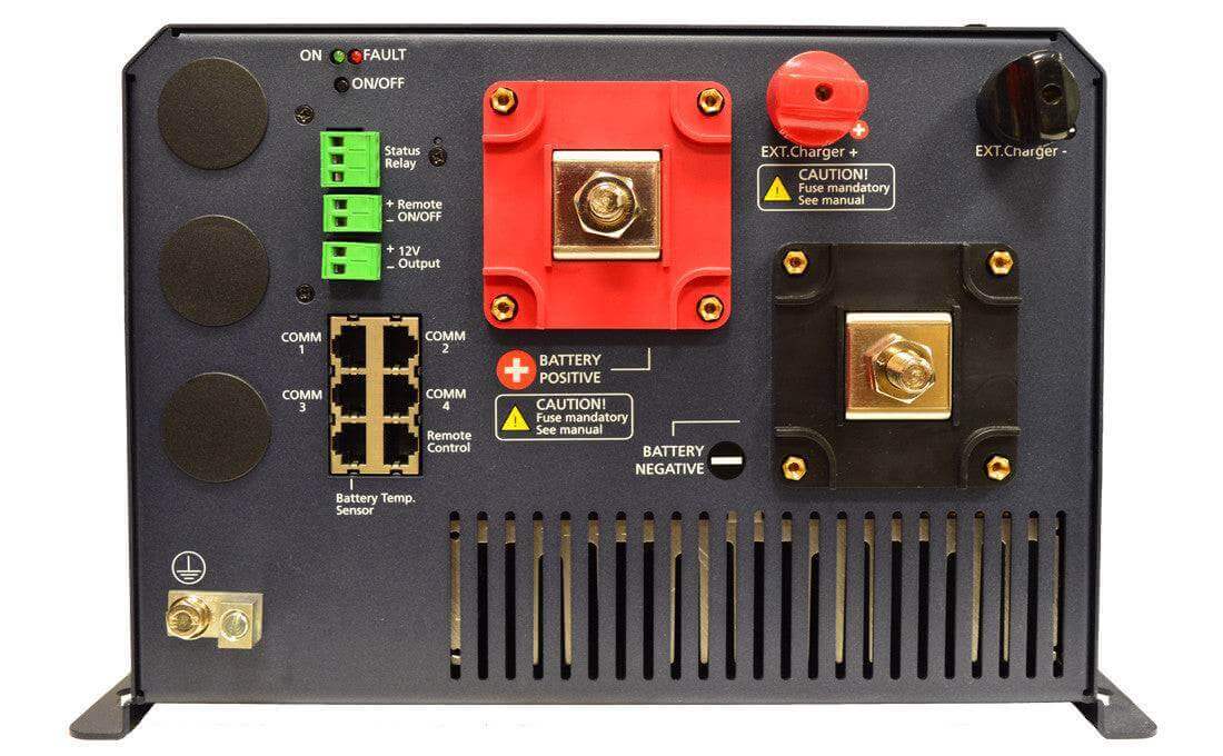 Back view of Samlex 2,200W Pure Sine Inverter/Charger with battery connections, available at Cabin Depot for boats and RVs.