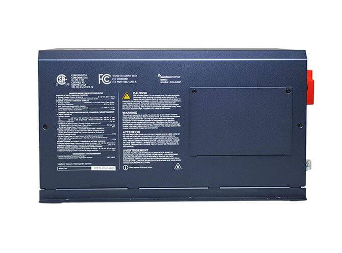 Back view of Samlex 4200W pure sine inverter/charger EVO-4248SP, available at Cabin Depot. Split phase, 120/240V, reliable AC power.