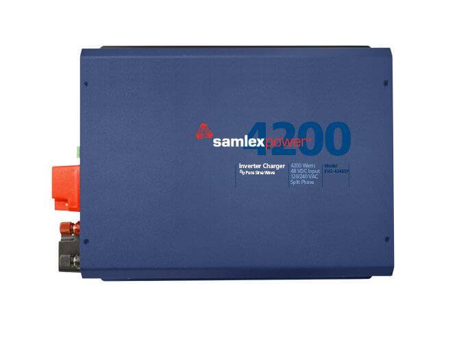 Samlex 4200W pure sine wave inverter charger for 120/240V power systems, ideal for off-grid solar setups.