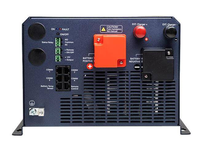 Back panel of Samlex EVO-4248SP 4200W inverter/charger showing connections and indicators for battery and external charging.