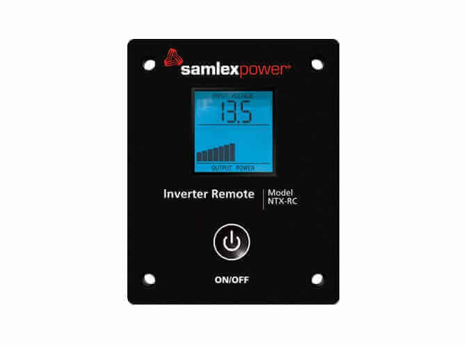 Samlex NTX inverter remote control panel display with power button and output meter.