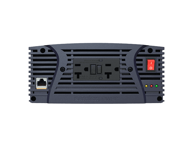 Front view of Samlex 2,000W 12V NTX Pure Sine Wave Inverter showing power outlets and control switches.