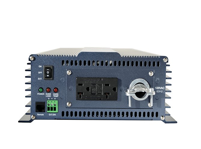 Samlex 1,500W 12V PST Pure Sine Inverter, front view showing NEMA-20R GFCI outlet, ideal for Cabin Depot installations.