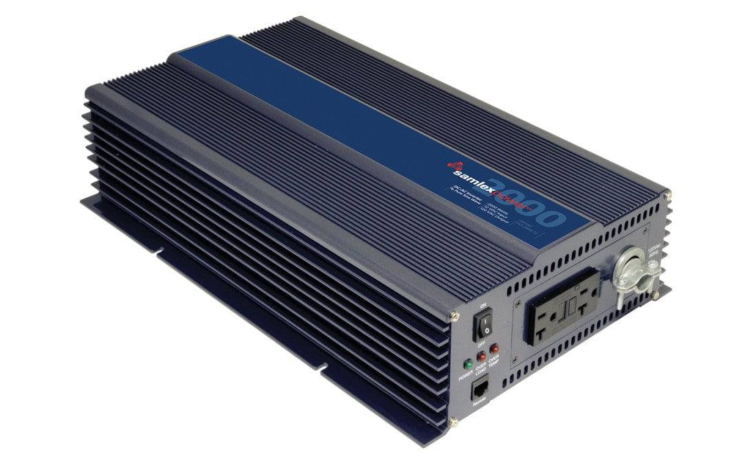 Samlex 2000W 12V PST Pure Sine Inverter, hardwire capable, available at Cabin Depot with overload protection and low power draw.