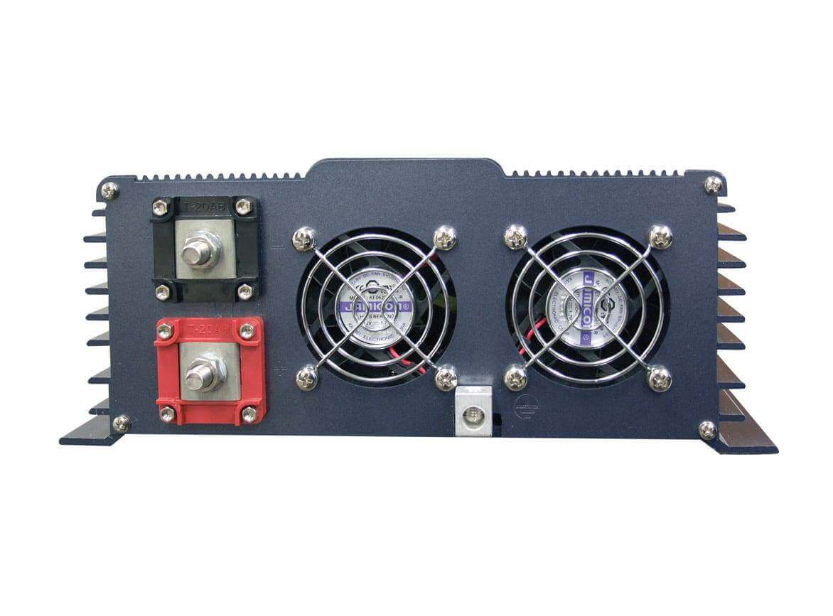 Back view of Samlex 2000W 12V PST Pure Sine Inverter, showing hardwire connections and dual cooling fans. Available at Cabin Depot.