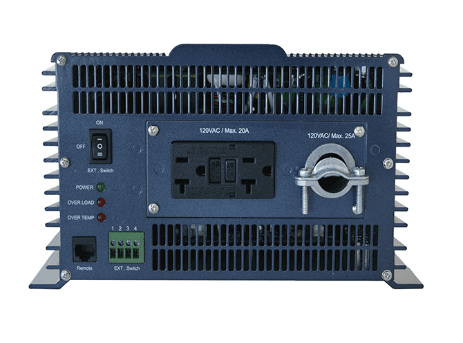 Back view of Samlex 3,000W 24V PST Pure Sine Inverter with dual NEMA-20R outlets, switches, and power indicators.