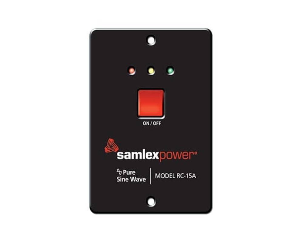 Samlex RC-15A remote control for PST Series inverters, available at Cabin Depot, featuring push button on/off and LED indicators.