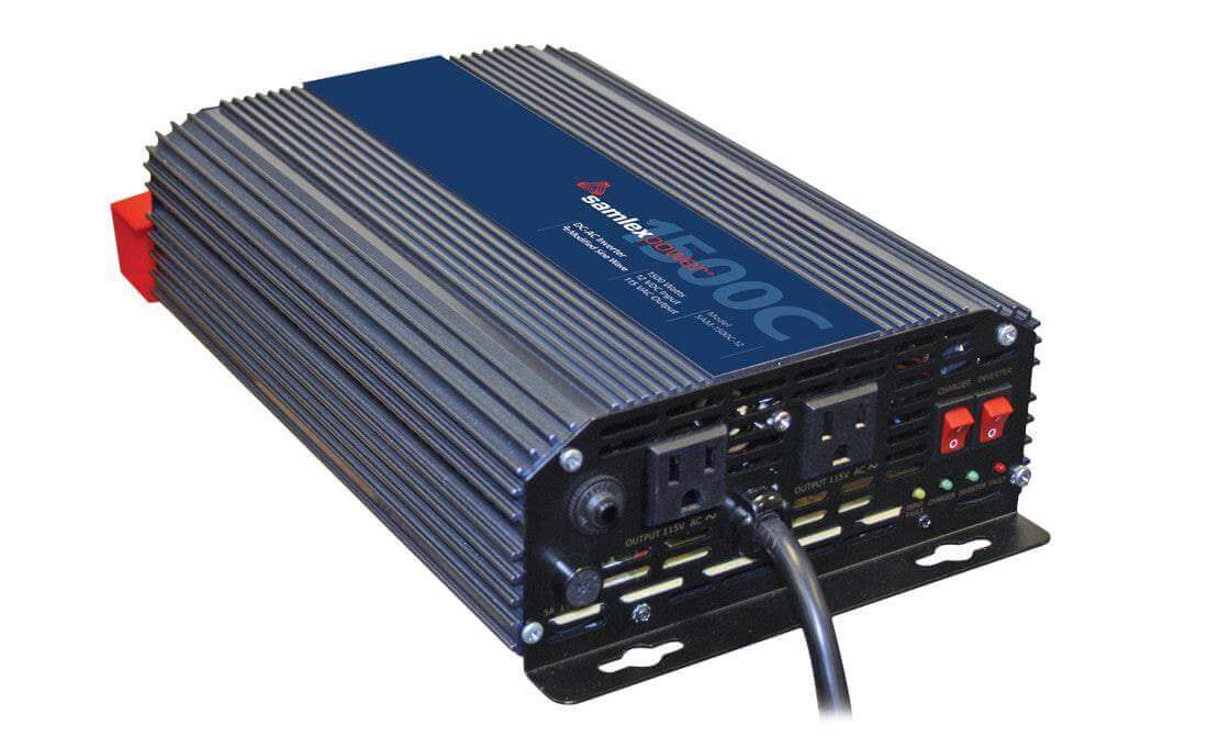 Samlex 1,500W 12V Modified Sine Inverter Charger, SAM-1500C-12, available at Cabin Depot, featuring 30A transfer switch and battery charger.