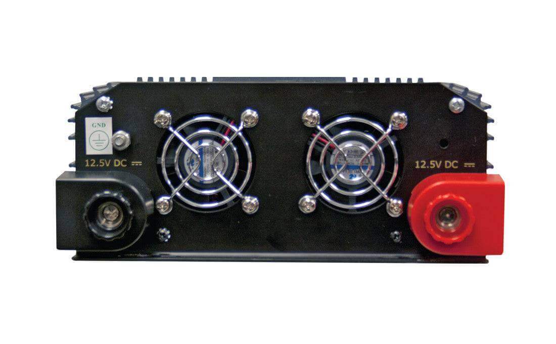Samlex 1,500W 12V Modified Sine Wave Inverter Charger, rear view showing DC connections and fans. Available at Cabin Depot.