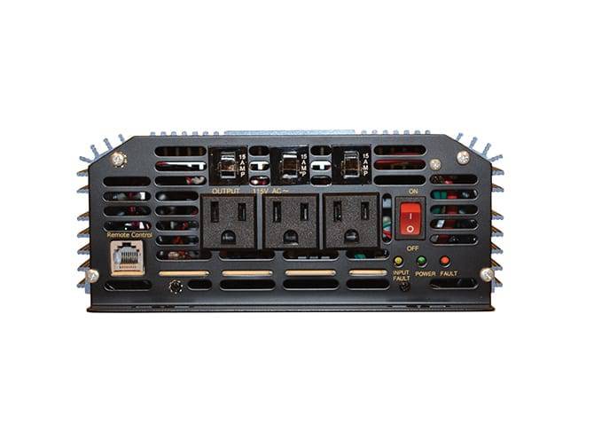 Back view of Samlex 3,000W 12V SAM Modified Sine Inverter, available at Cabin Depot, showing the power outlets and controls.