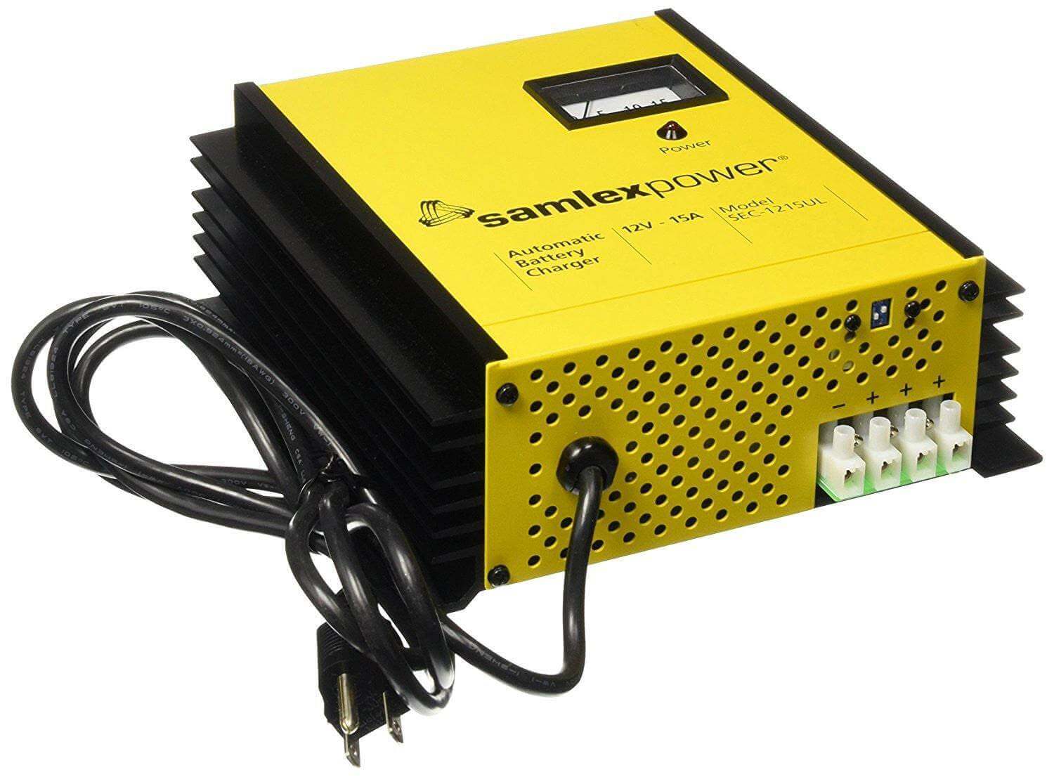 Samlex 12V 15A SEC Battery Charger for lead-acid batteries, available at Cabin Depot. Safety listed and automatic three-stage charging.