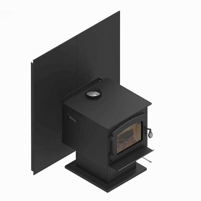 SBI 53" x 58.5" heat shield system reducing wall clearances for wood stove safety, available at Cabin Depot.