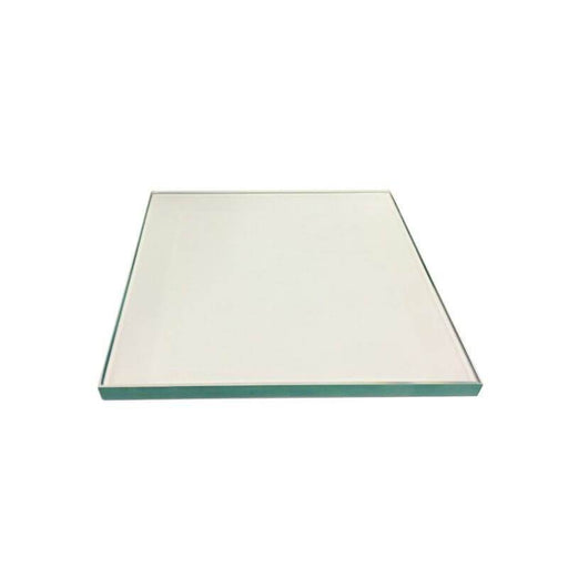 Tempered glass floor protection pad for wood or pellet stoves, 55"x46 3/4", light-colored and shock-resistant.