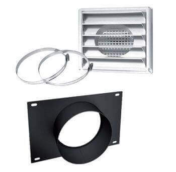 SBI 5 inch Fresh Air Intake Kit for Wood Stove from Cabin Depot, includes adapter, clamps, and wall termination. SKU: AC013365.