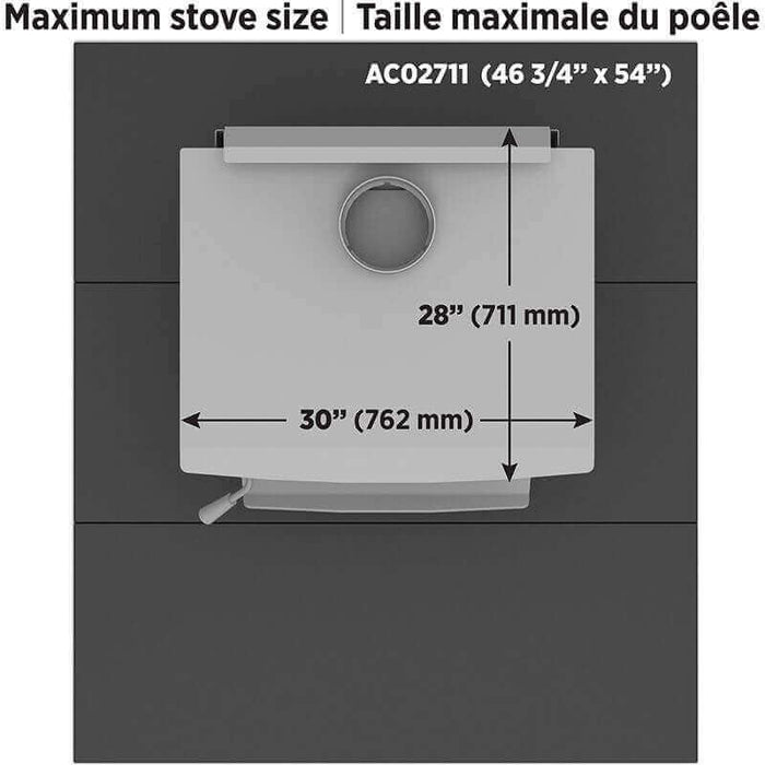 Diagram showing maximum stove size for SBI Modular Floor Protection System, 28" depth x 30" width with dimensions in inches and millimeters.