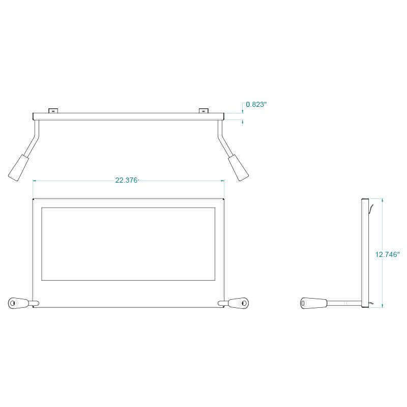 SBI Rigid Firescreen 3 dimensions sketch, 22.376" width, 12.746" height, for Drolet & Century models at Cabin Depot.