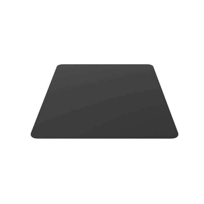 Black steel hearth pad 41 1/4" x 44", protects floors from hot embers, minimalist design, ideal for appliances without R factor.