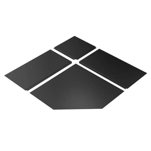 SBI 54" corner hearth pad in black steel, four-piece assembly, protects combustible floors, industrial design, out of stock pre-order.