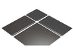 SBI 60" Corner Hearth Pad with black steel panels, minimalist design, protects floors from embers. In stock, no R factor needed.