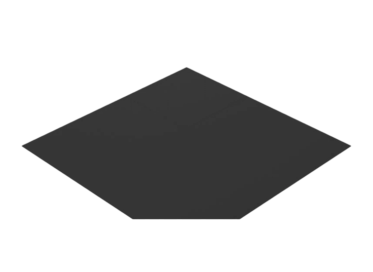 SBI 60" Corner Hearth Pad in black for floor protection from embers, minimalist design, thin steel, no R factor needed.