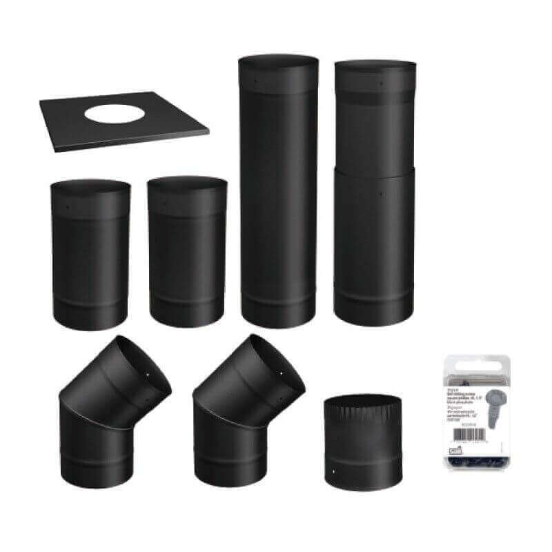 SBI 6" Wall Pipe Kit - Black with stove pipes, elbows, wall trim collar, screws, by Cabin Depot, free shipping.