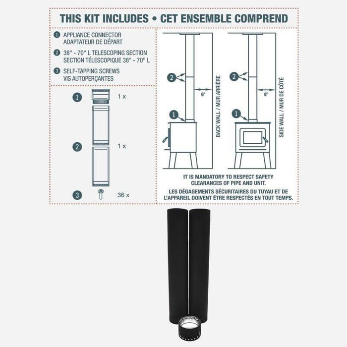 SBI 6" Ceiling Double Wall Pipe Kit diagram with appliance connector, telescoping section, and self-tapping screws.