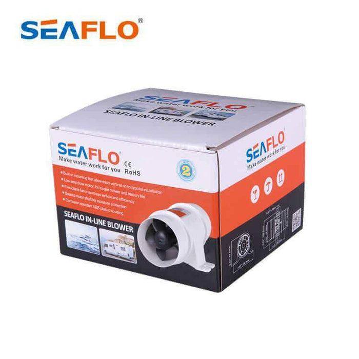 SEAFLO 12V In-Line Blower packaging box showcasing product features and specifications.