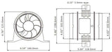 Diagram of SEAFLO 24V In-Line Blower with dimensions, showcasing efficient design for cabin ventilation.