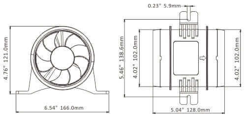 Technical diagram of SEAFLO 24V In-Line Blower dimensions by Cabin Depot.