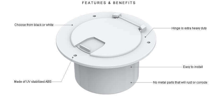 SEAFLO black round cable hatch for RVs and boats, Cabin Depot, UV-resistant, easy-install for secure power cord access, durable design