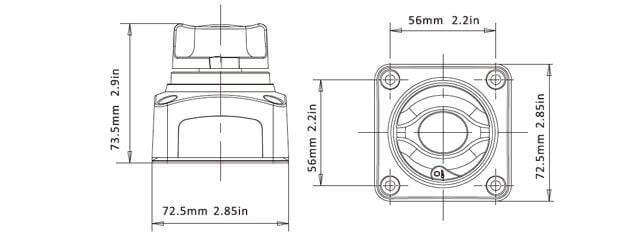 Technical drawing of SEAFLO 275A Battery ON/OFF Switch showcasing dimensions for Cabin Depot applications.