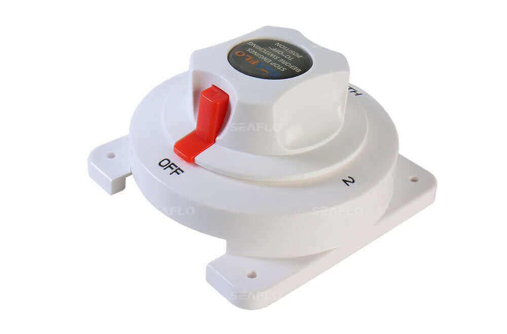 SEAFLO Battery Selector Switch for RVs and boats from Cabin Depot, enables switching between battery banks and emergency parallel operation.