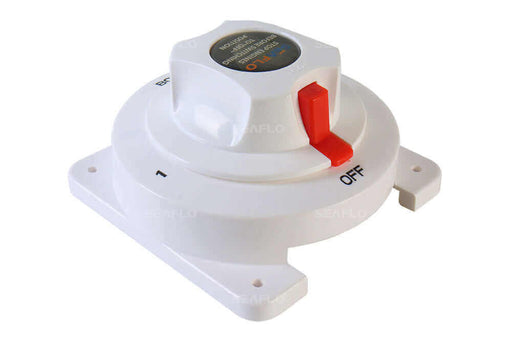 SEAFLO Battery Selector Switch for RVs and boats, enables switching between battery banks for engine start and equipment operation.